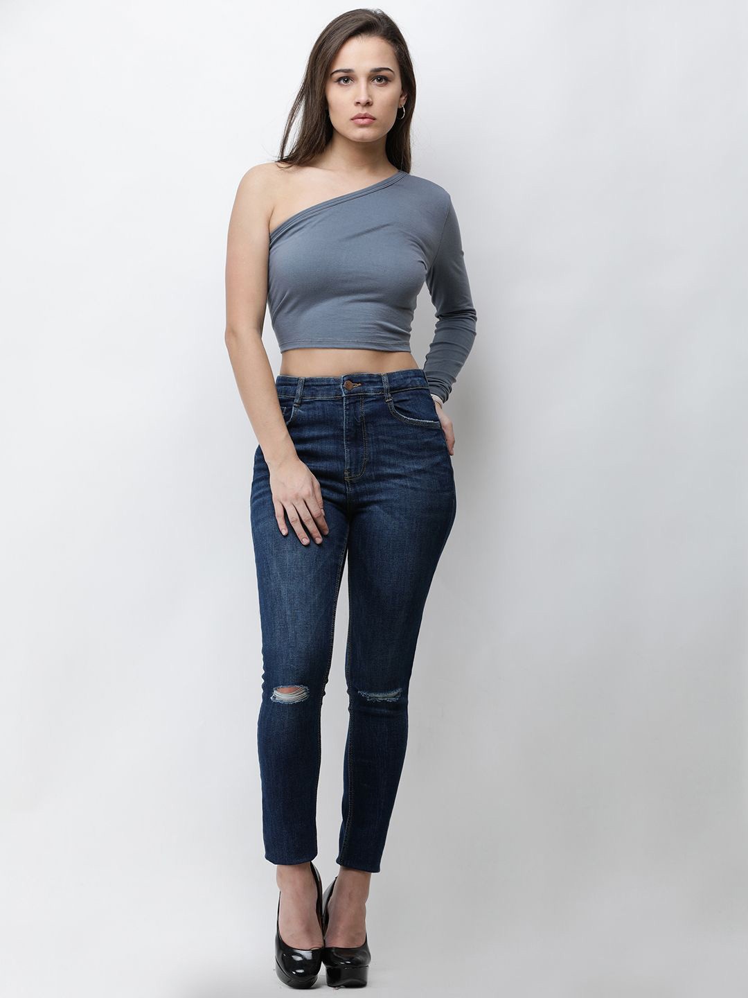 

Moda Rapido Women Solid One Shoulder CottonFitted Top, Grey