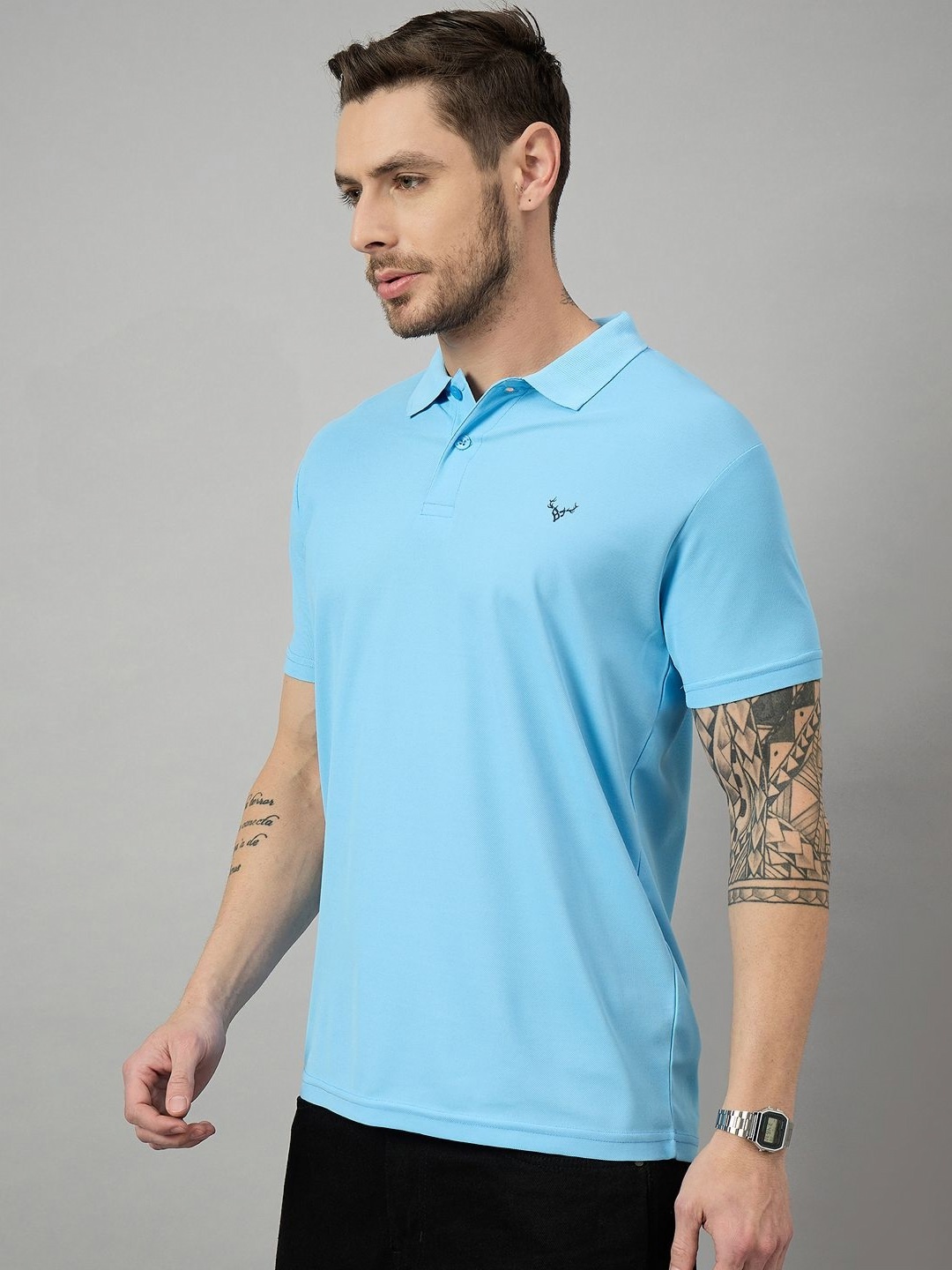 

BRONATION Men Solid Polo Collar Cotton T-shirt, Turquoise blue