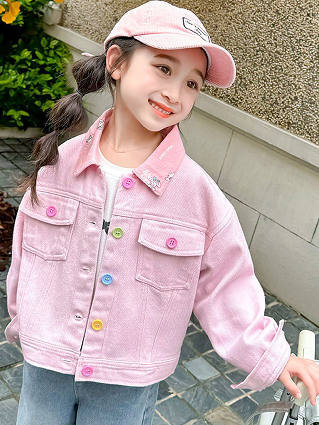 

LULU & SKY Girls Solid Spread Collar Denim Jacket, Pink