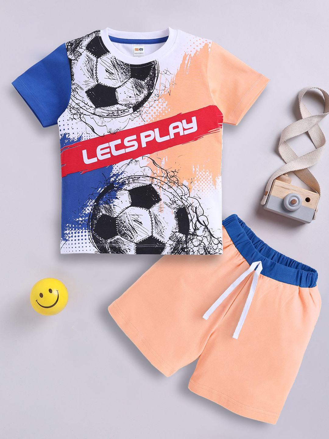 

LITTLE NINJA Boys Printed Round Neck Pure Cotton T-Shirt With Shorts, Peach