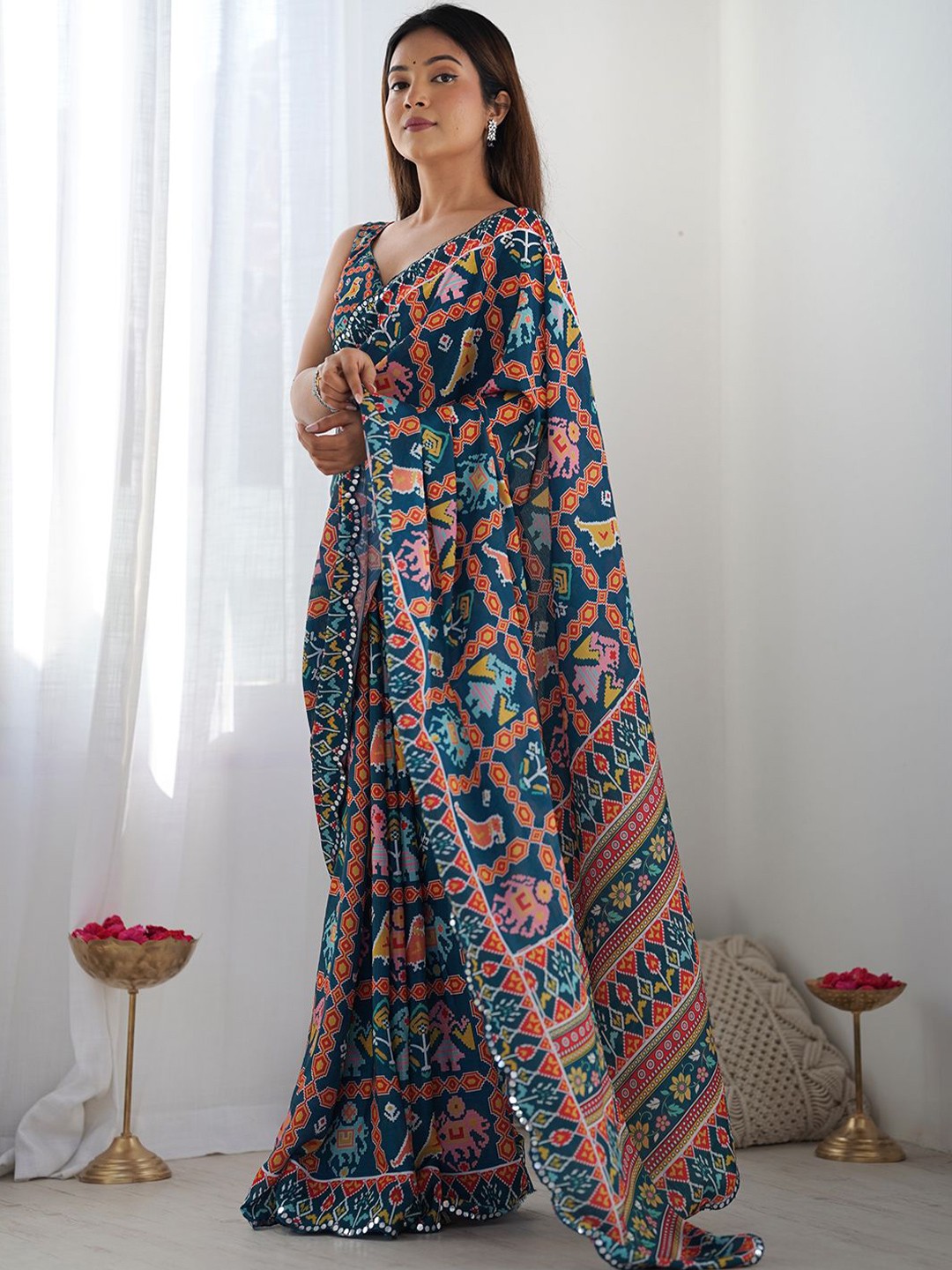 

LeeliPeeri Designer Ethnic Motifs Printed Mirror Work Saree, Teal