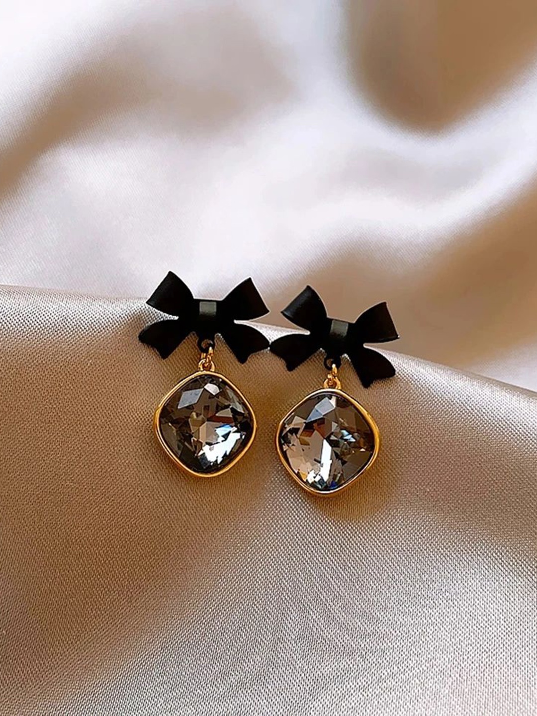 

Celestique Crystal Studded Contemporary Shaped Korean Drop Earrings, Black