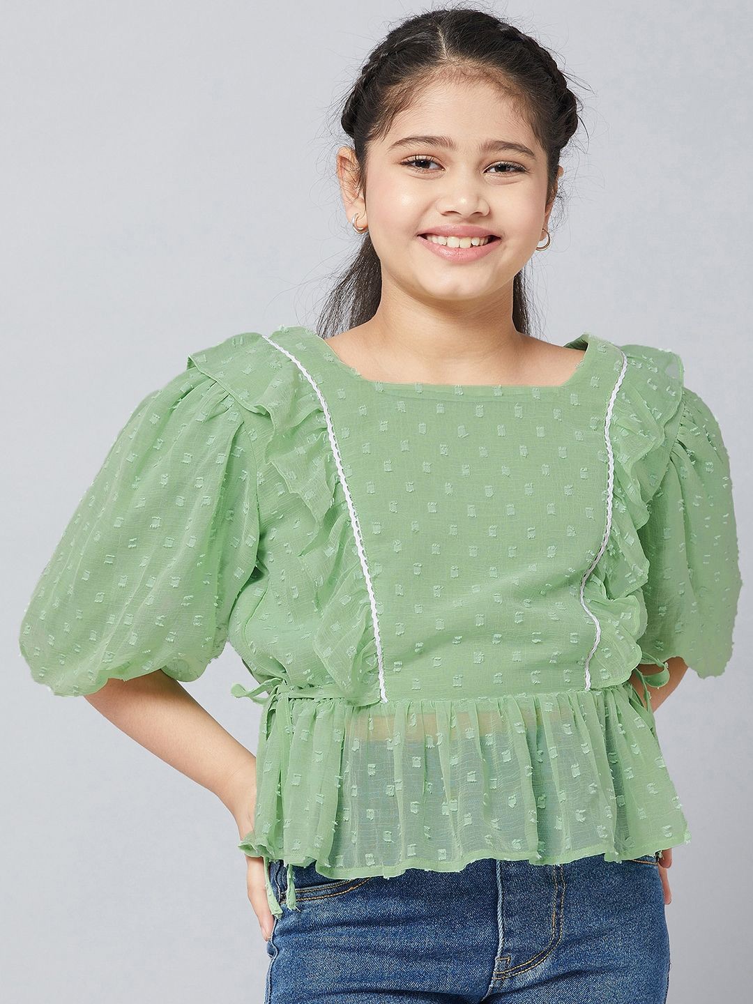 

Stylo Bug Puff Sleeve Cinched Waist Top, Green