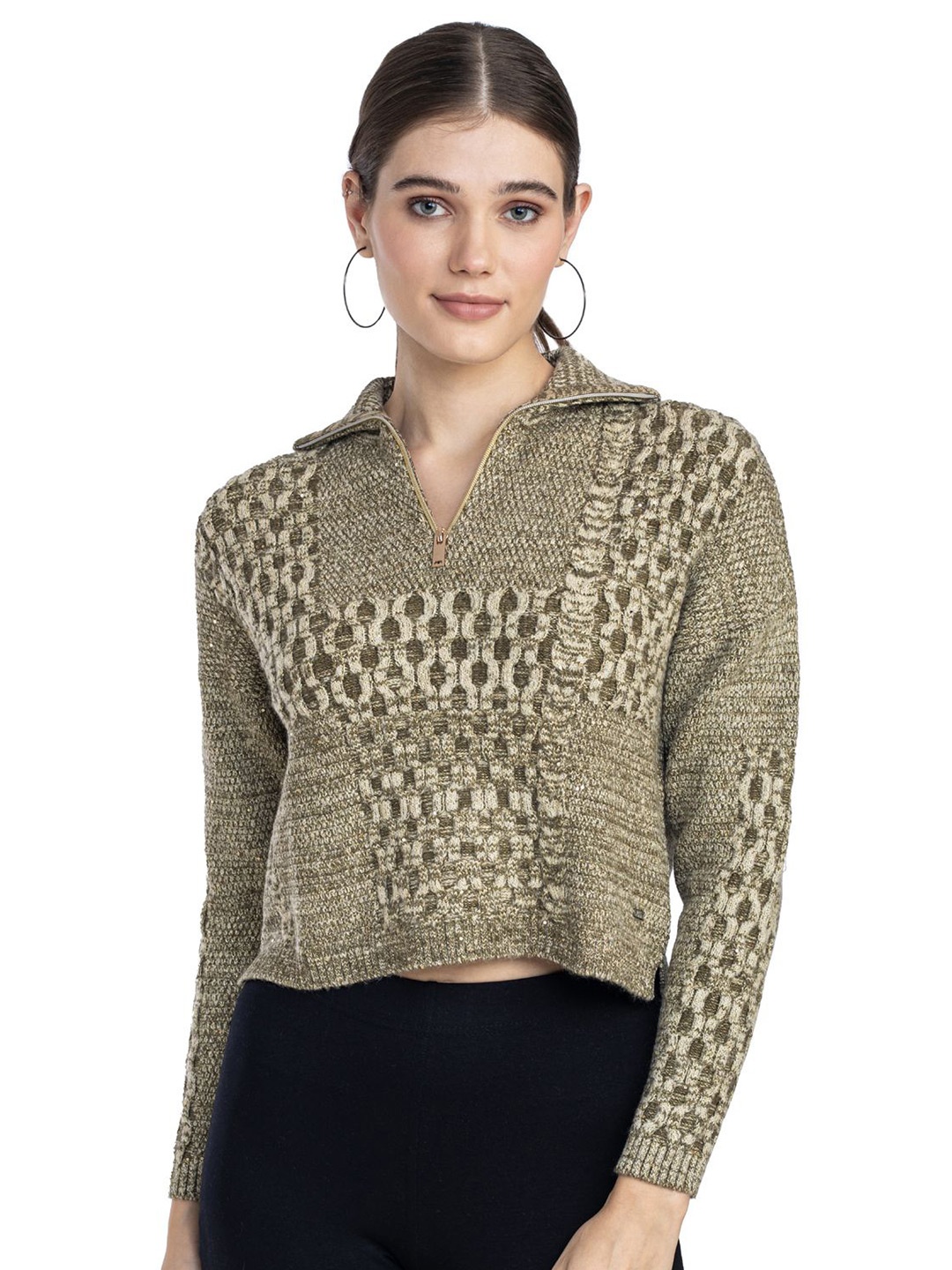 

Moda Elementi Women Cable Knit Woollen Crop Pullover, Khaki