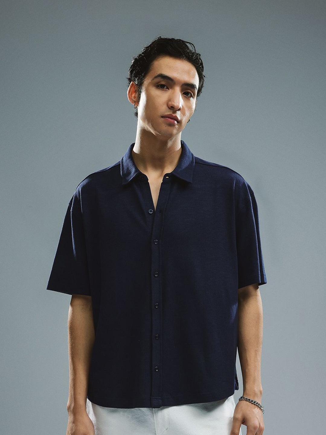 

H&M Relaxed Fit Cotton Terry Shirt, Navy blue