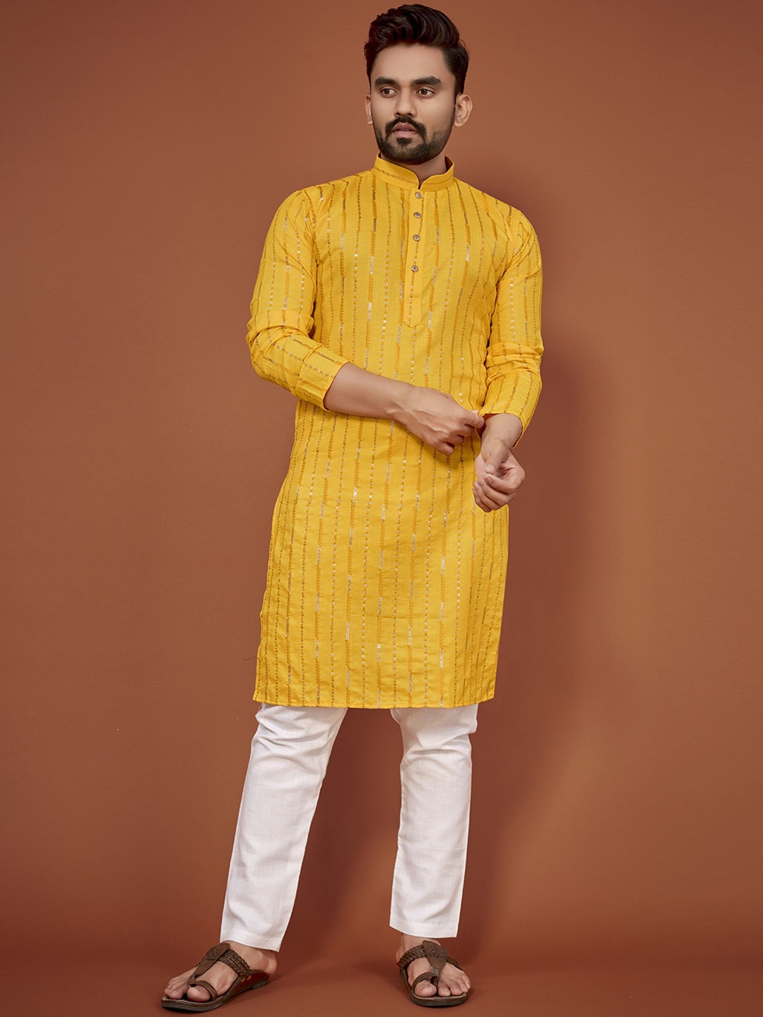 

Moda Rapido Embroidered Embellished Mandarin Collar Cotton Straight Kurta, Yellow