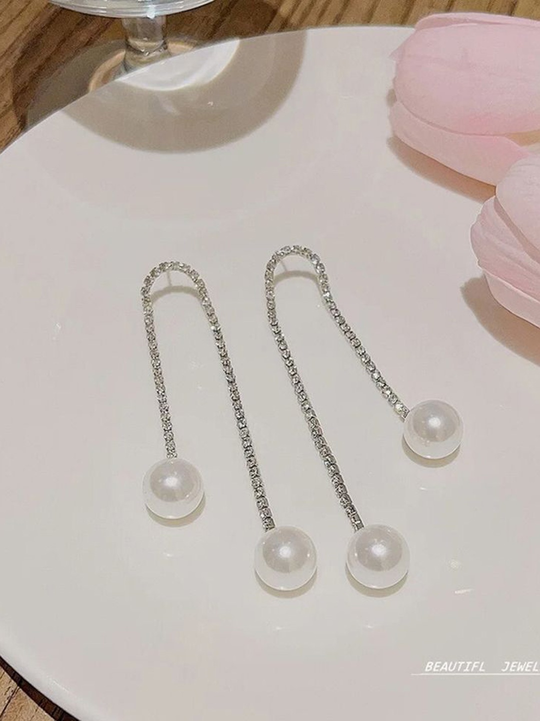 

Celestique Silver-Plated Rhinestone Beaded Contemporary Shaped Drop Earrings