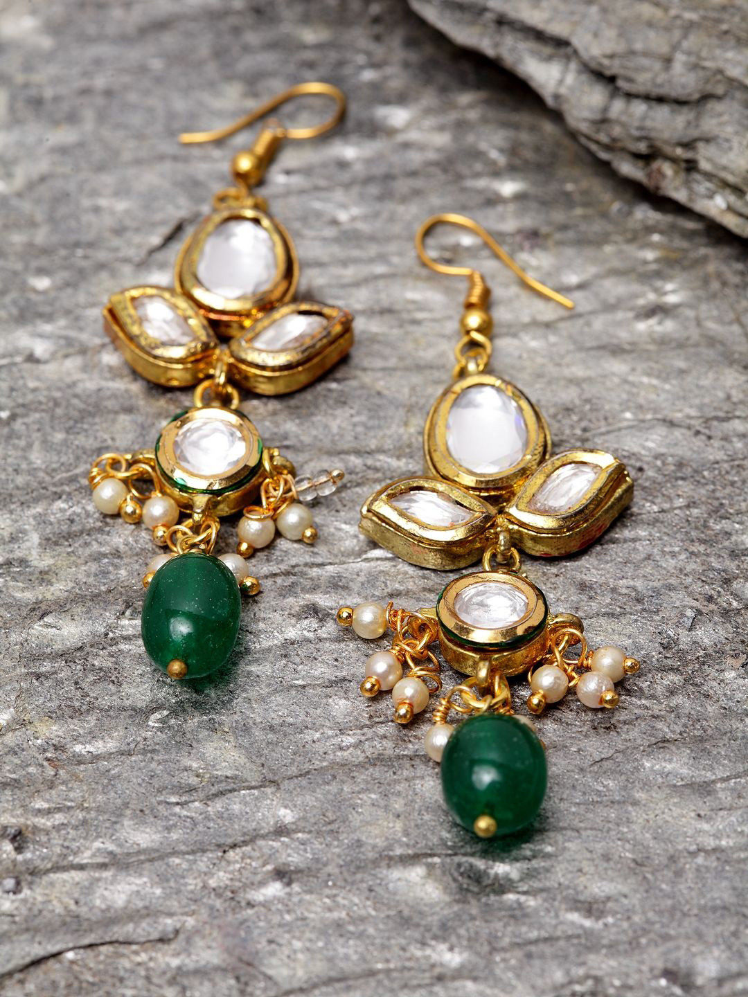 

DUGRISTYLE Gold-Plated Kundan Studded & Beaded Contemporary Shaped Drop Earrings
