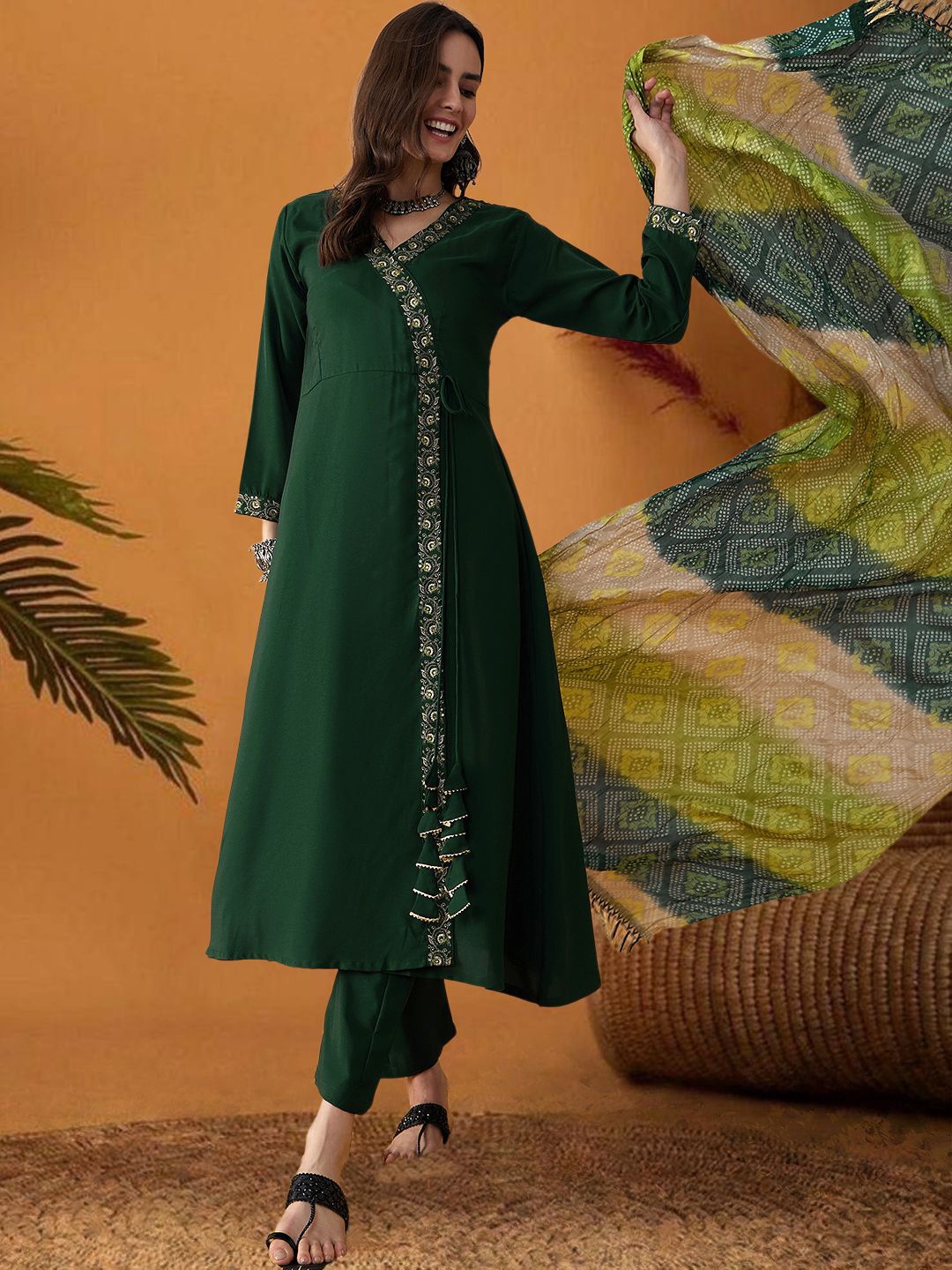 

SheWill Floral Embroidered V-Neck Sequinned Angrakha A-Line Kurta With Trouser & Dupatta, Green