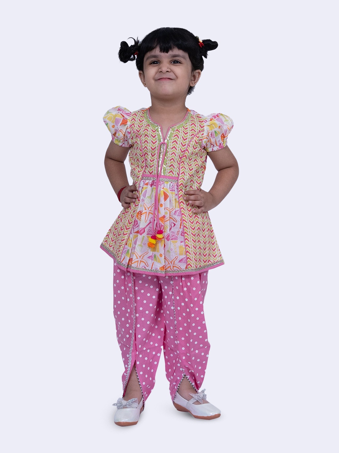 

Twisha Girls Chevron Printed Notch Neck Pure Cotton Pleated A-Line Kurta With Dhoti Pants, White