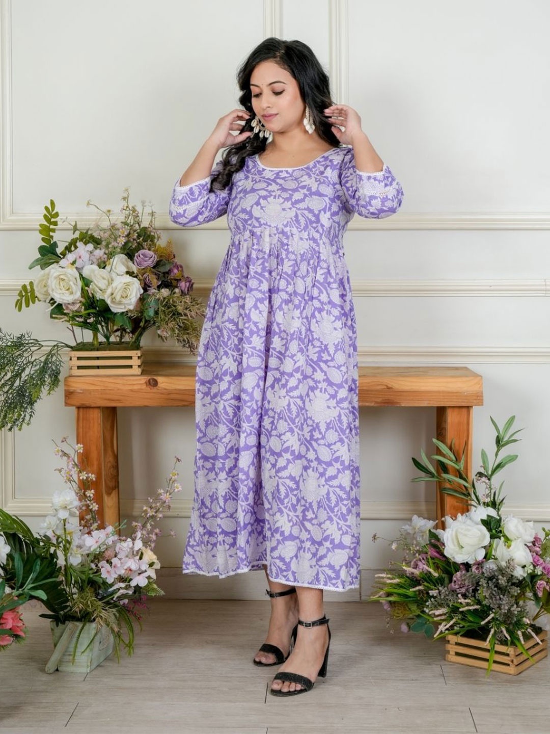 

MOTHERHOOD BY SNEHAL Floral Print Pure Cotton Fit & Flare Maternity Dress, Lavender