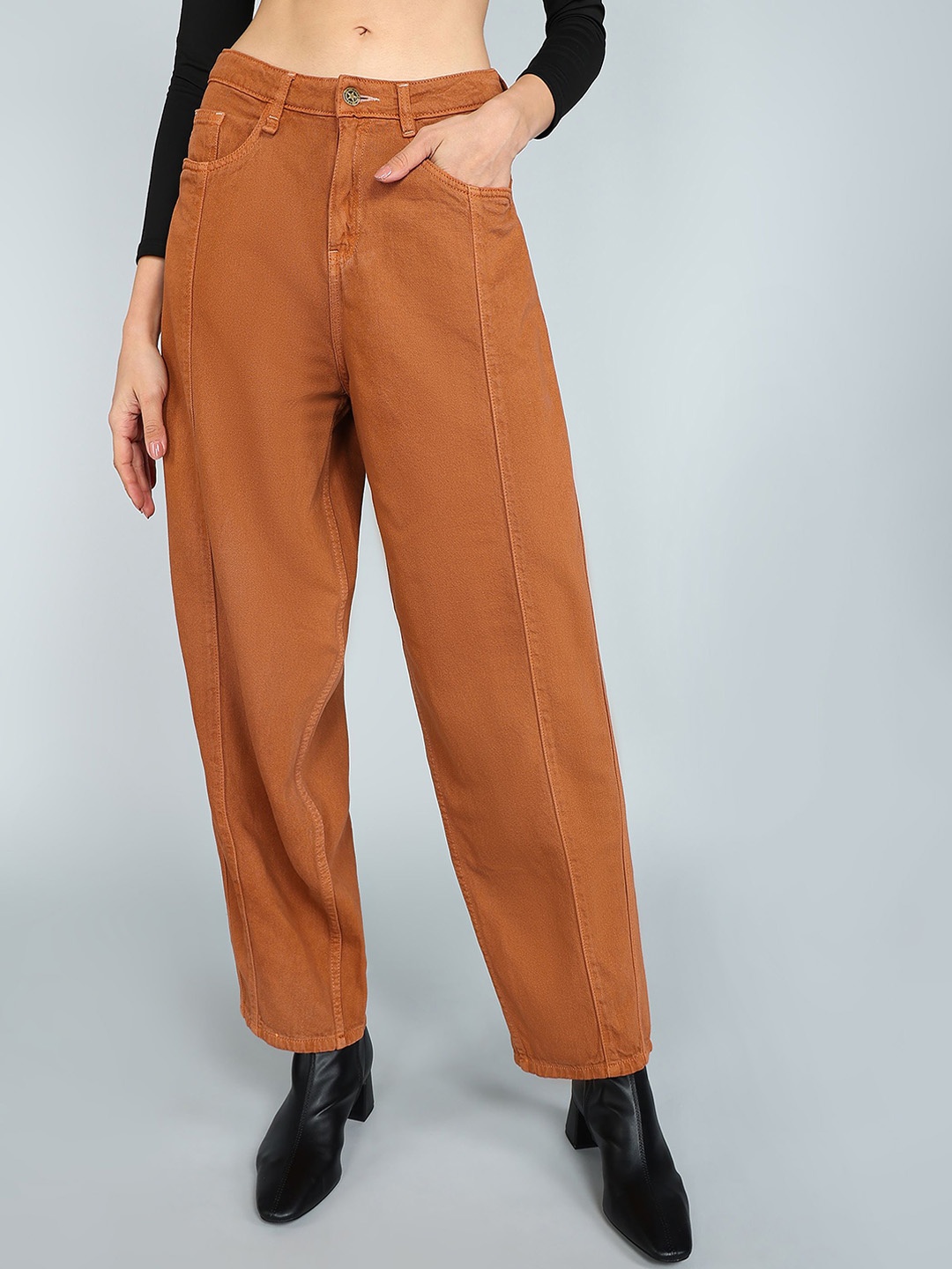 

Mast & Harbour Women Boyfriend Fit Cotton Mid-Rise Jeans, Brown