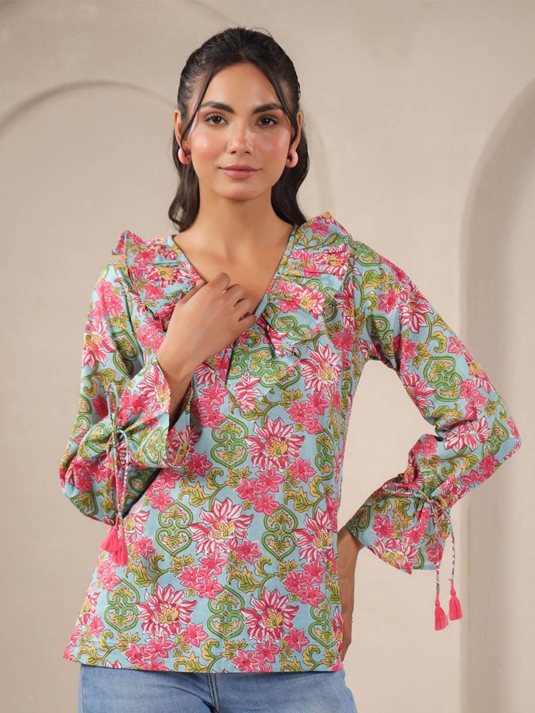 

Jaipur Morni Floral Print Ethnic Cotton Top, Blue