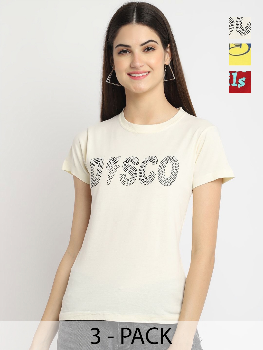 

Dreambe Women Pack Of 3 Typography Printed Round Neck Cotton T-shirts, White