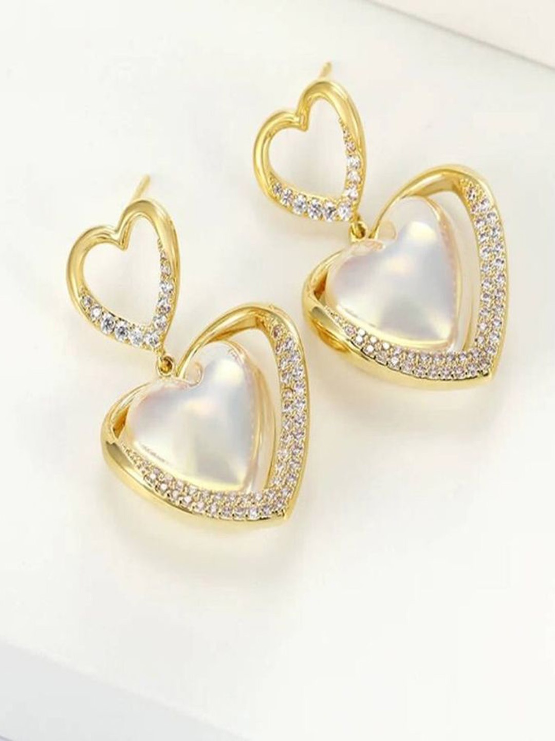 

Celestique Dangle Stone Studded Heart Shaped Drop Earrings, Gold