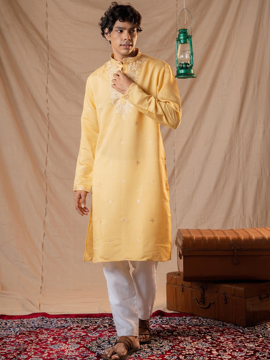 

5 Stitch Floral Embroidered Band Collar Sequinned Straight Kurta With Pyjamas, Yellow
