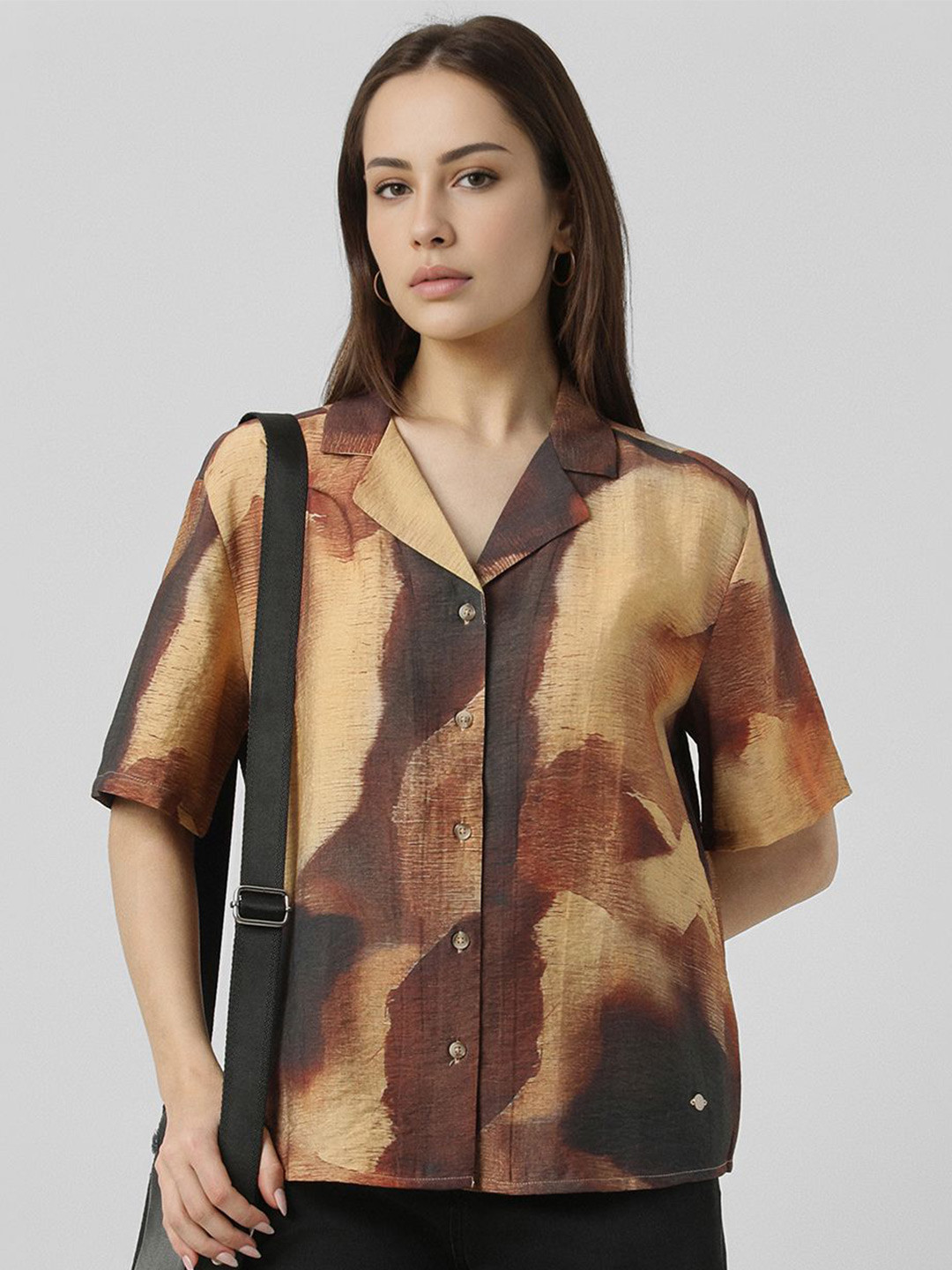 

Van Heusen Woman Boxy Fit Cuban Collar Abstract Printed Casual Shirt, Brown