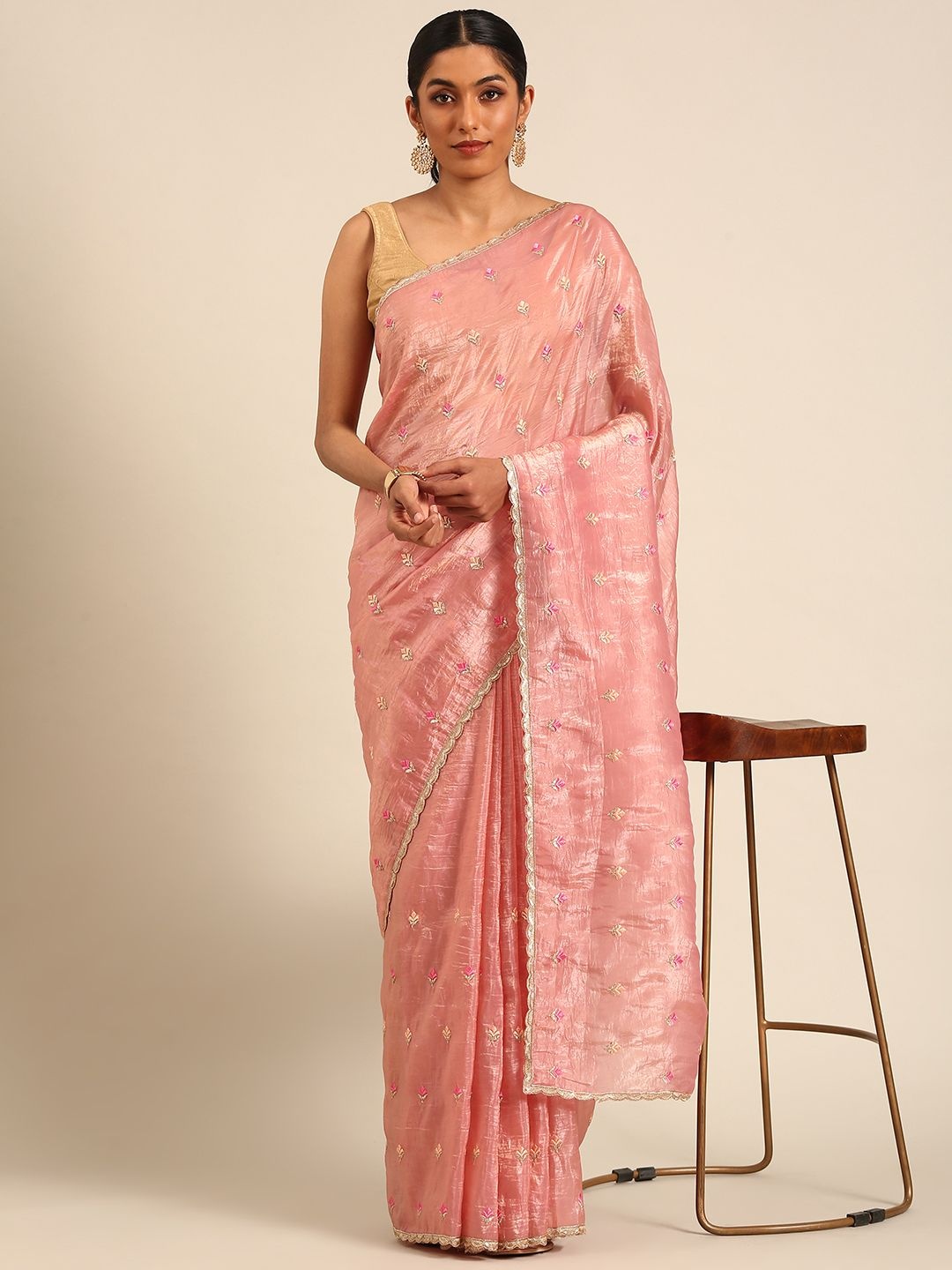 

LeeliPeeri Designer Floral Embroidered Tissue Saree, Pink