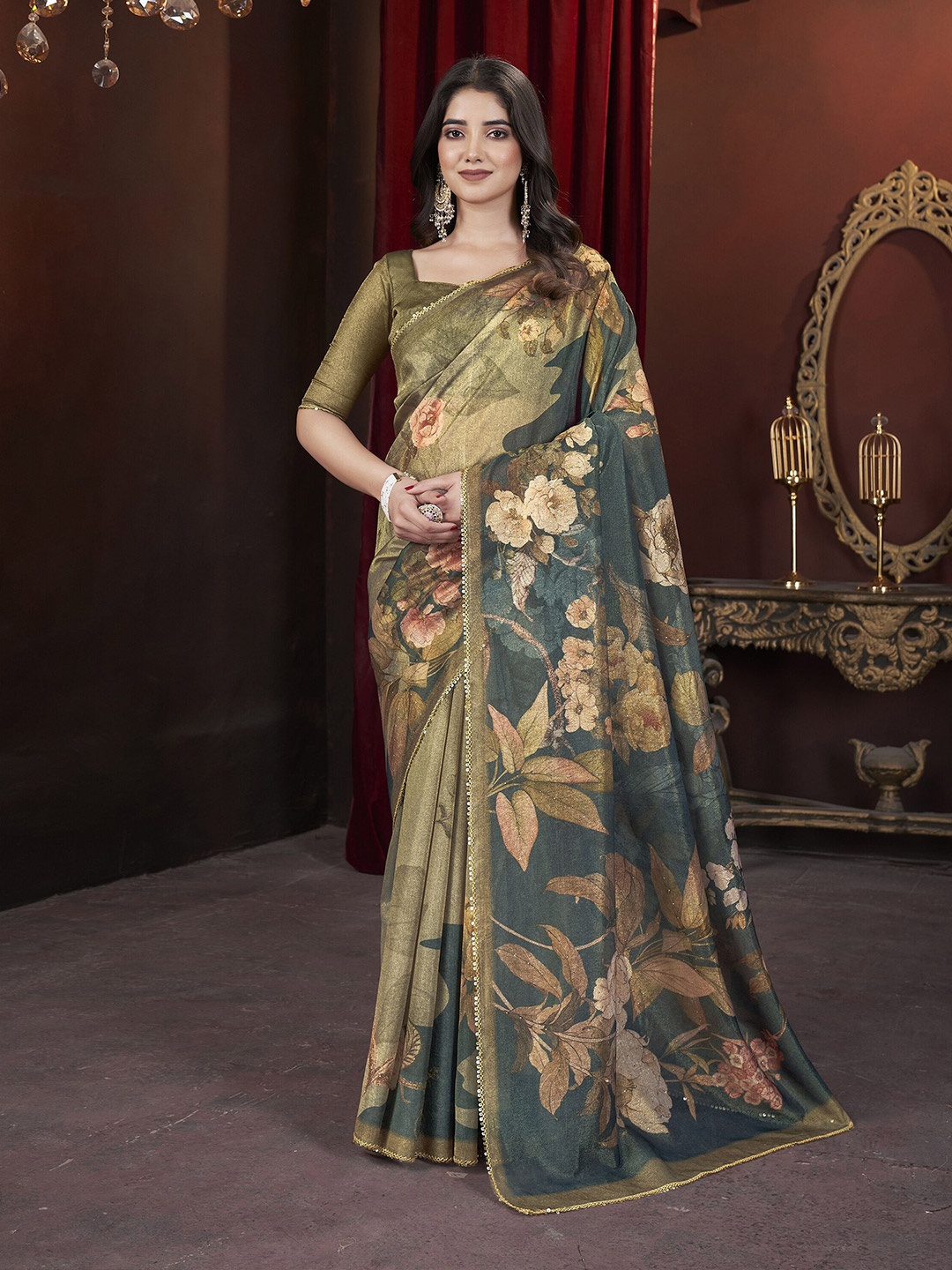 

DOI MOI Floral Mukaish Tissue Saree, Lime green