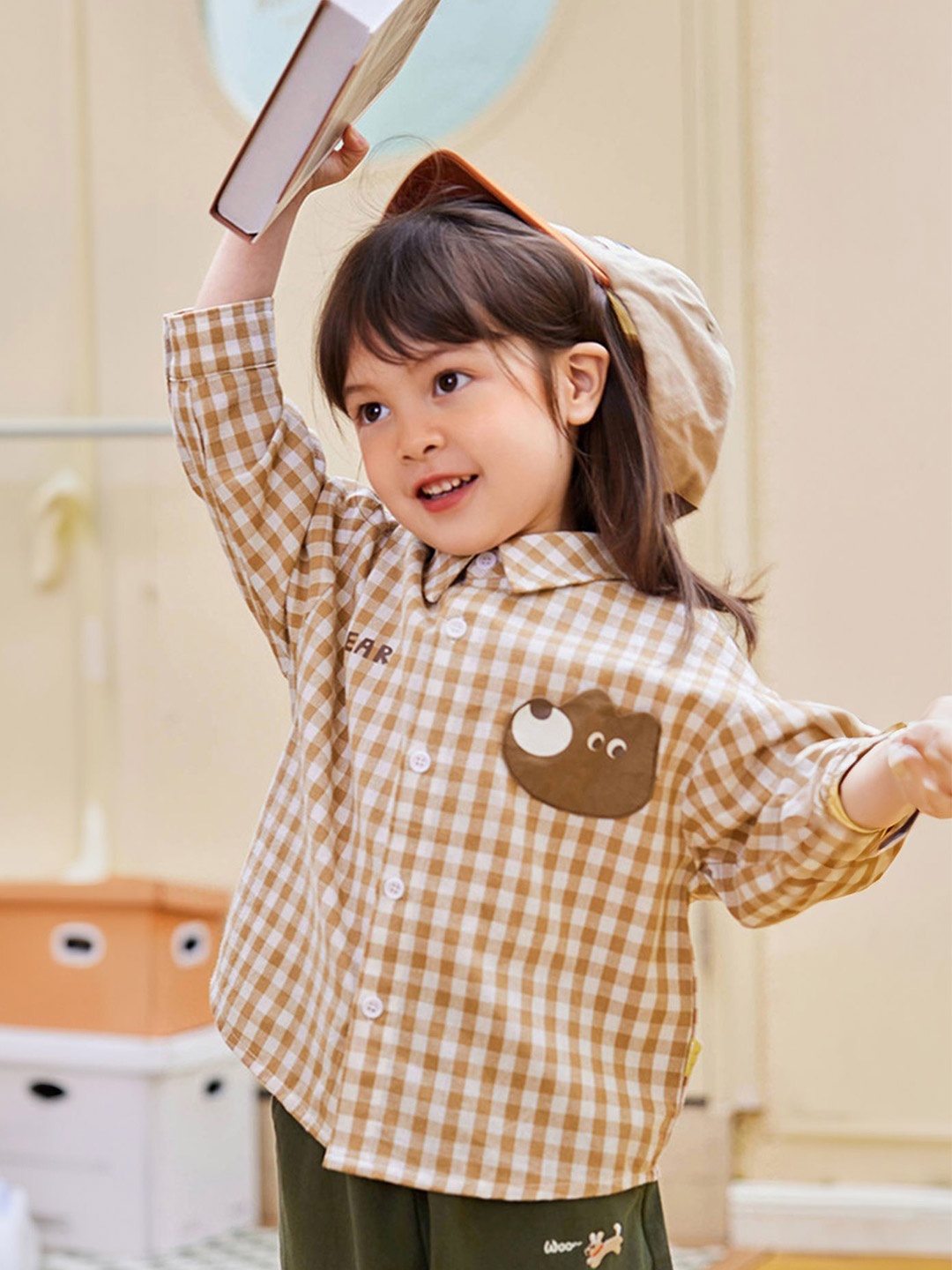 

LULU & SKY Girls Spread Collar Grid Tattersall Checked Cotton Casual Shirt, Khaki