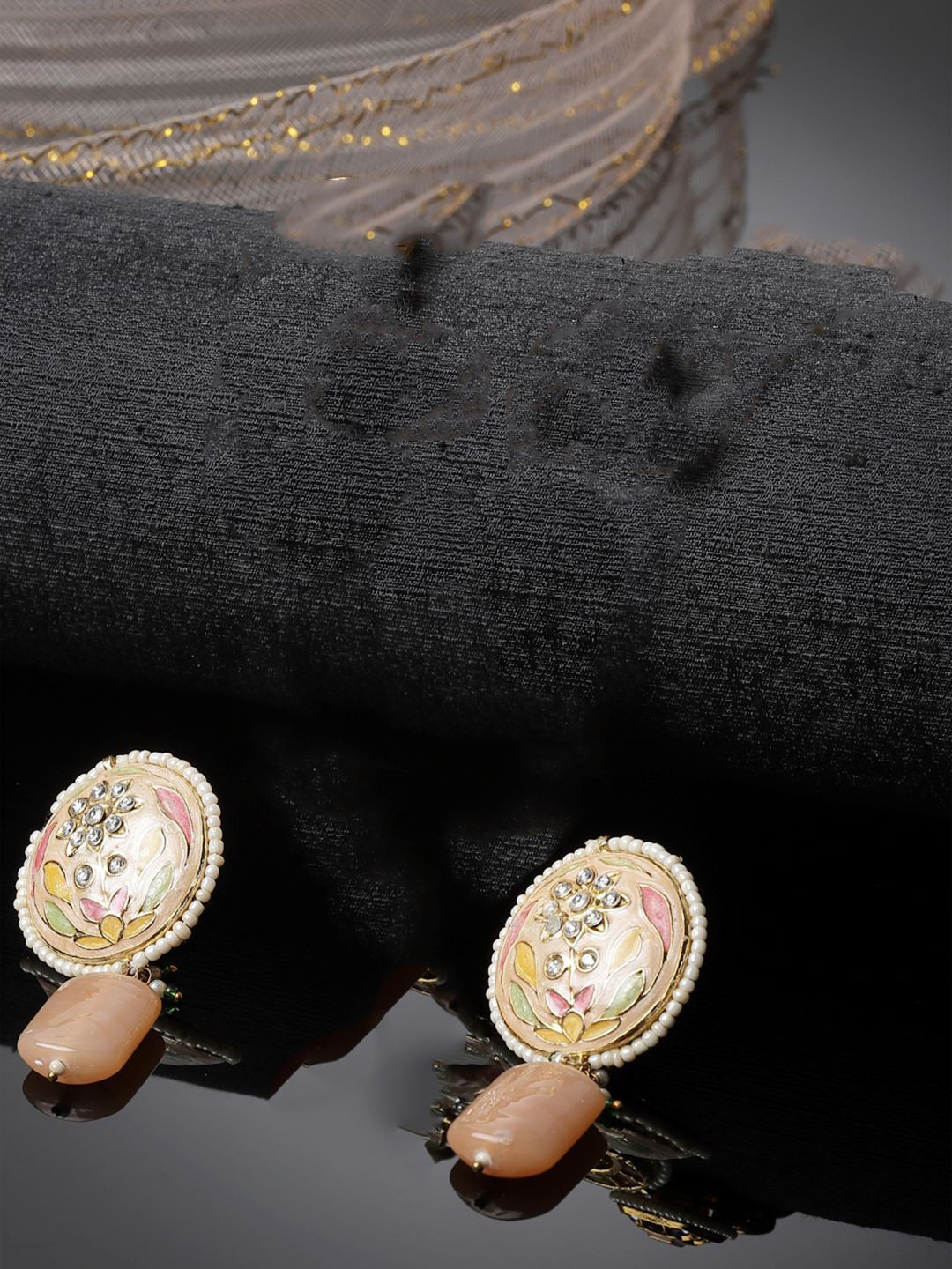 

DUGRISTYLE Tawny Gold-Plated Kundan Studded & Beaded Contemporary Shaped Drop Earrings