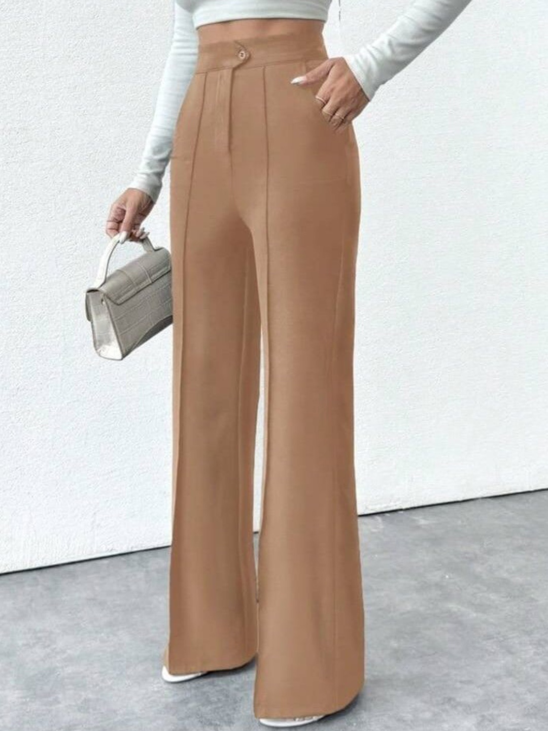 

BROADSTAR Women Smart Straight Fit High-Rise Easy Wash Pleated Trousers, Beige
