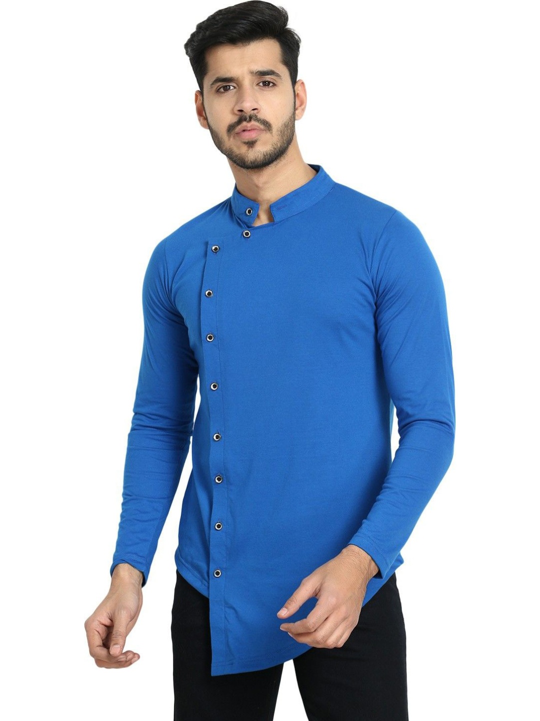 

Black Collection Men Solid Mandarin Collar Cotton T-shirt, Blue