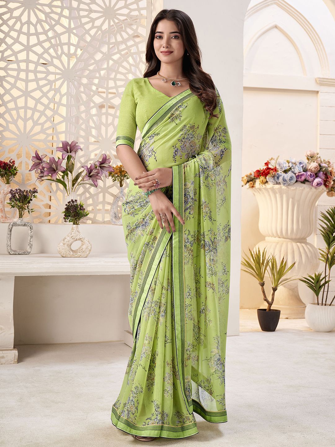 

Mitera Floral Pure Georgette Saree, Green