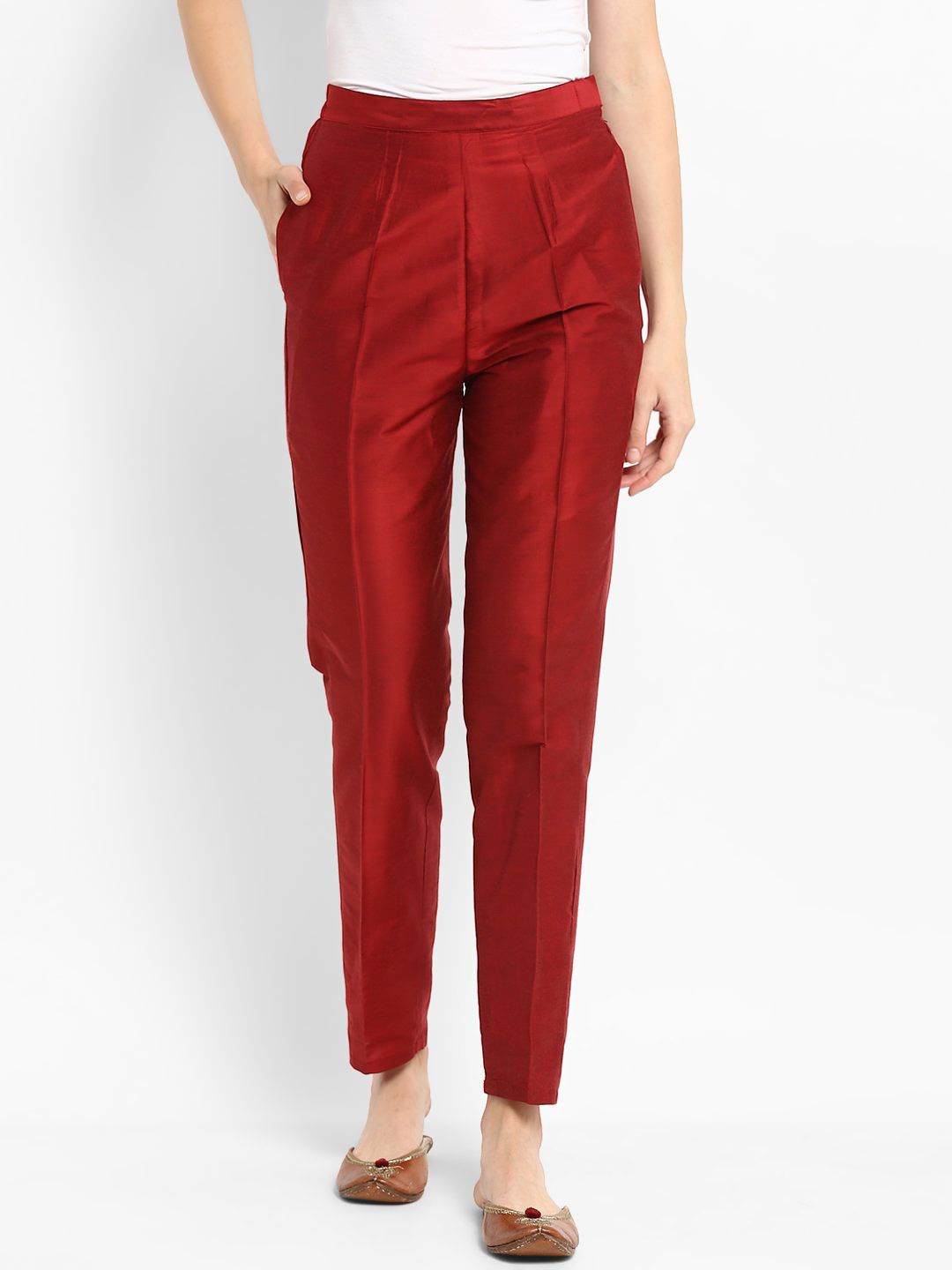 

Abhishti Women Coral Red Straight Pants With Pockets