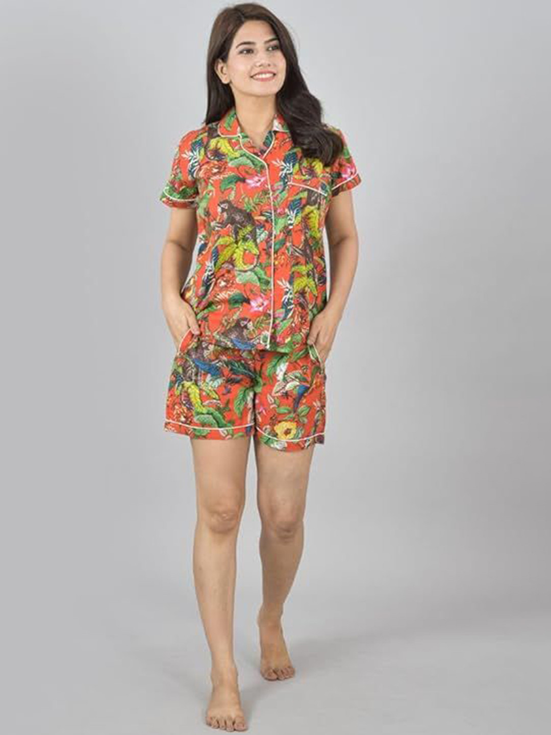 

ATARAH Floral Printed Laple Neck Pure Cotton Shirt With Shorts, Orange