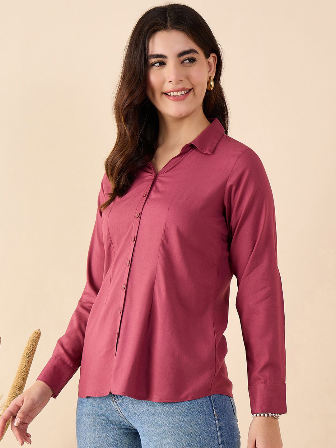 

Anouk Women Solid Shirt Collar Shirt Style Top, Pink