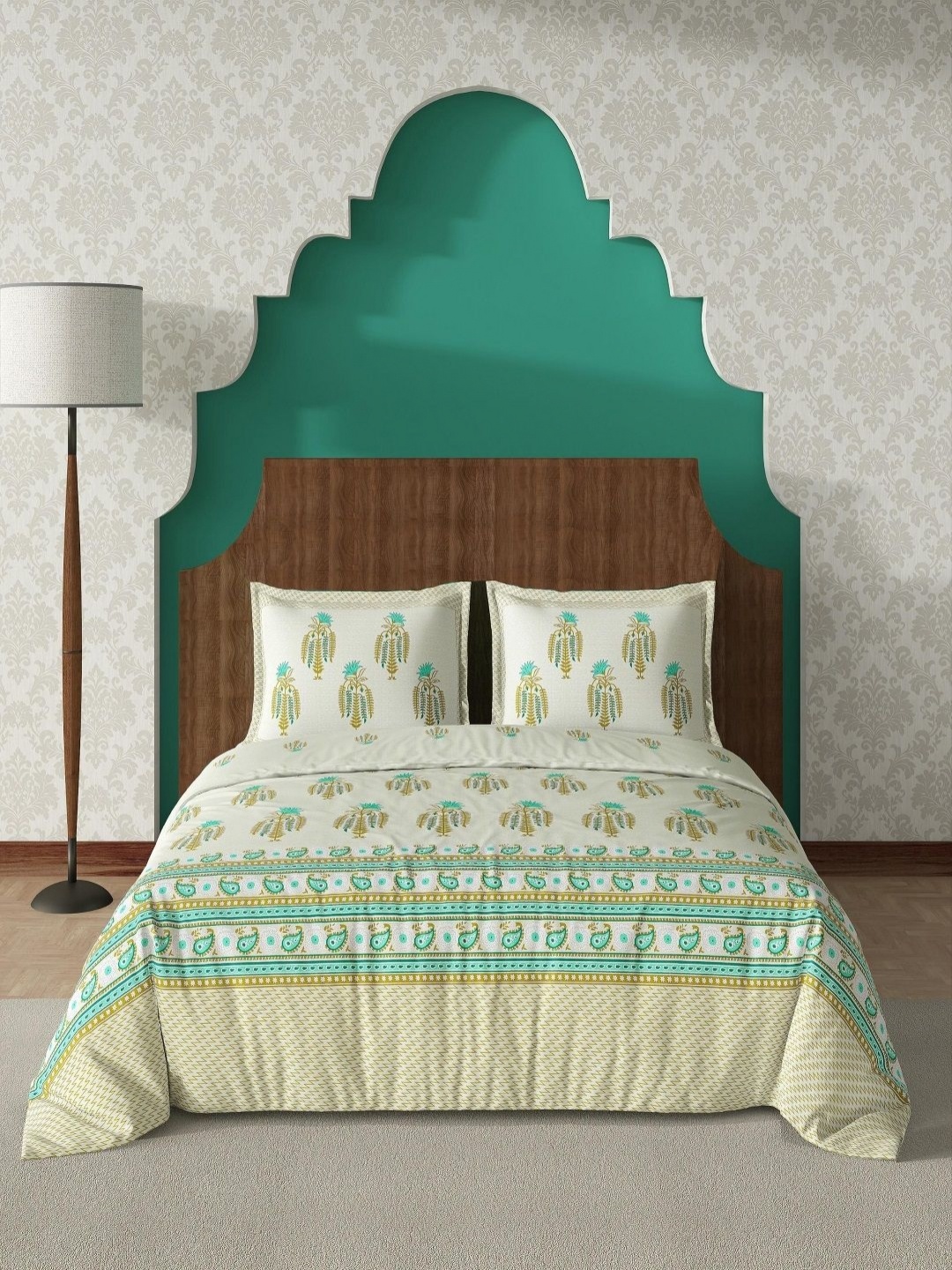 

tundwal's White & Green Floral Printed Pure Cotton 210 TC King Bedsheet Set- 2.74m x 2.74m