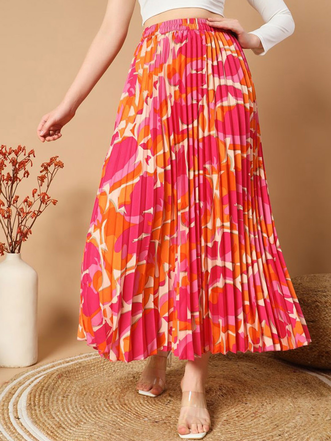 

ZWERLON Abstract Printed Pleated A-Line Maxi Skirt, Pink