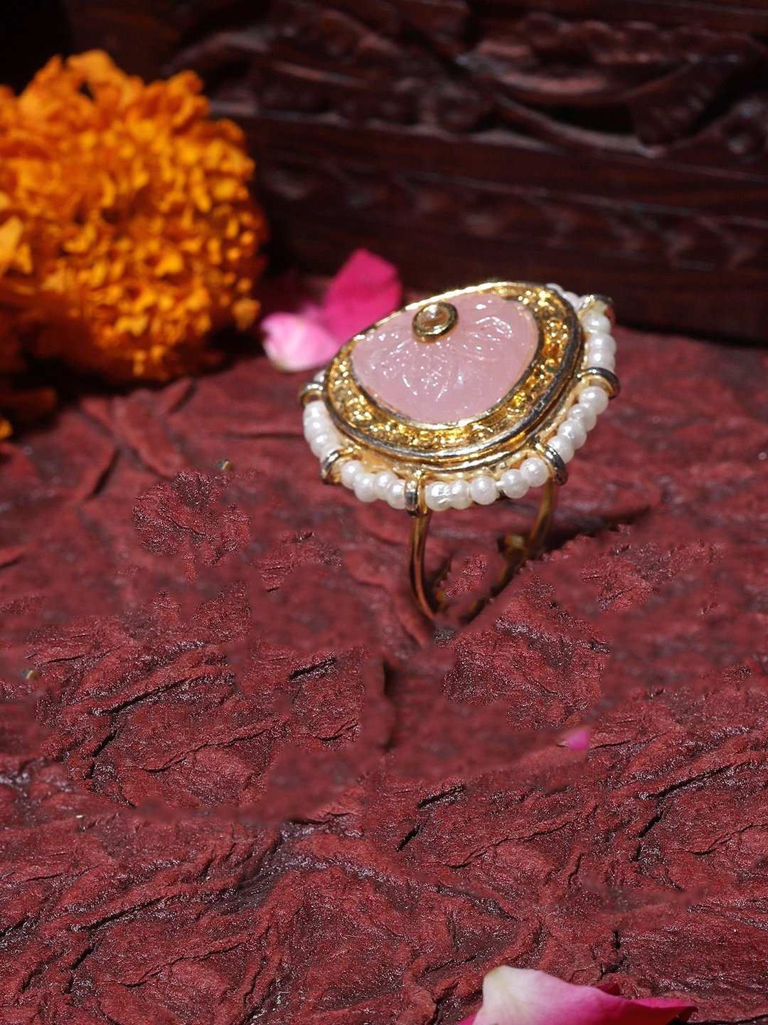 

DUGRISTYLE Neel Raat Gold-Plated Kundan & Pearls Studded Adjustable Finger Ring, Pink