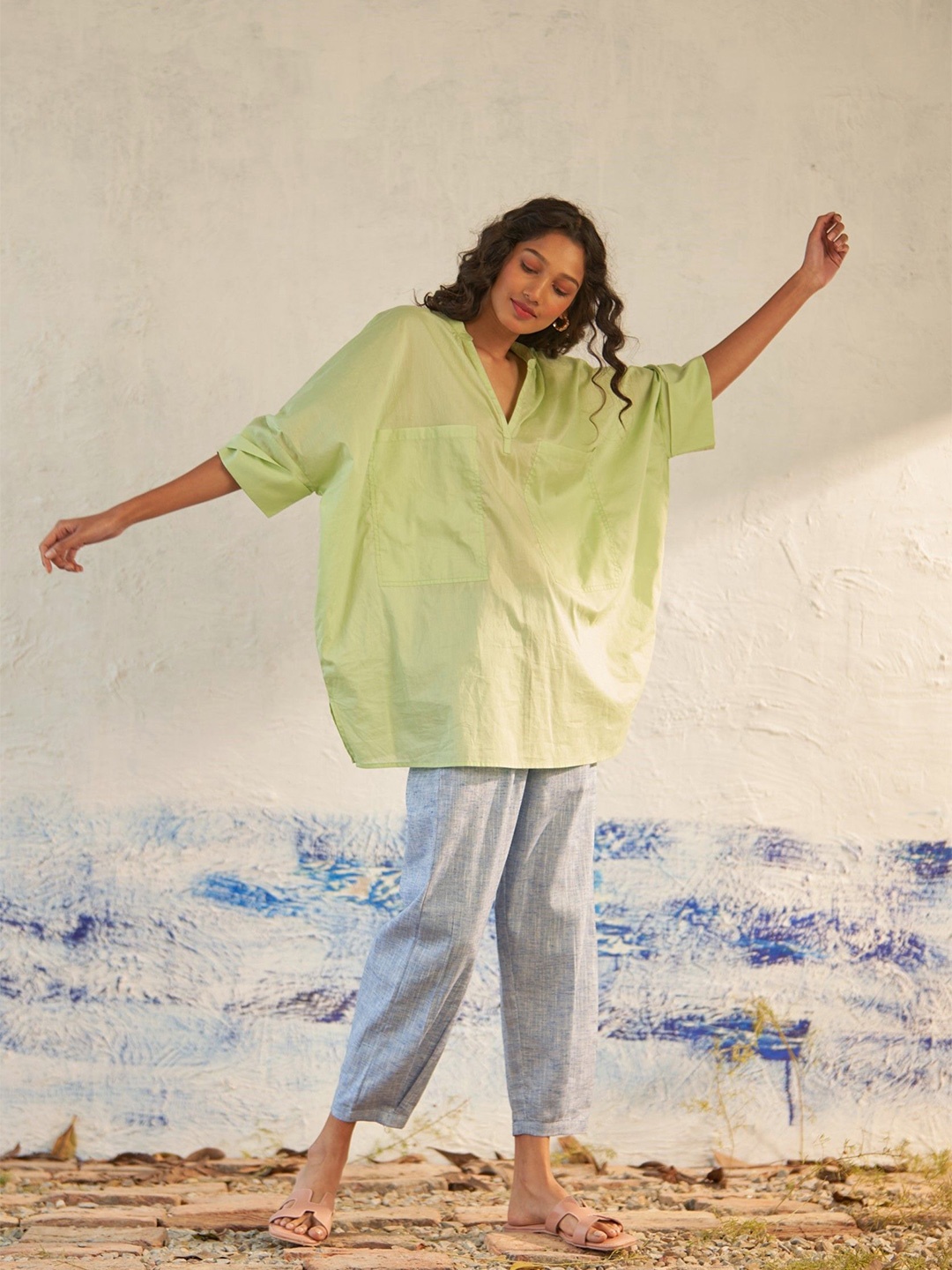 

Canoopi Pastel Oasis Ensemble Mandarin Collar Pure Cotton Tunic With Trouser, Green