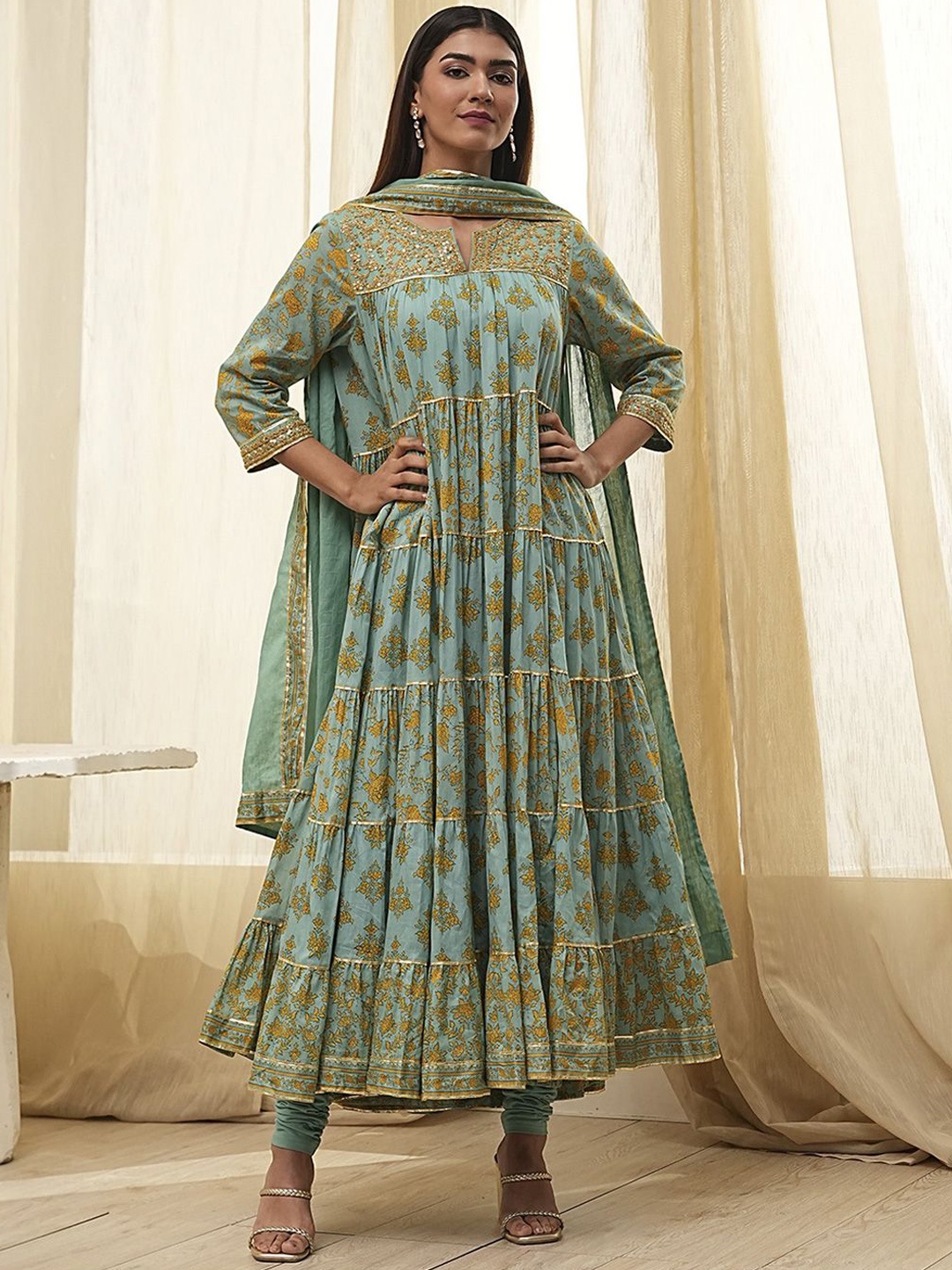 

Biba Floral Printed Notch Neck Layered Pure Cotton Kurta With Churidar And Dupatta, Green