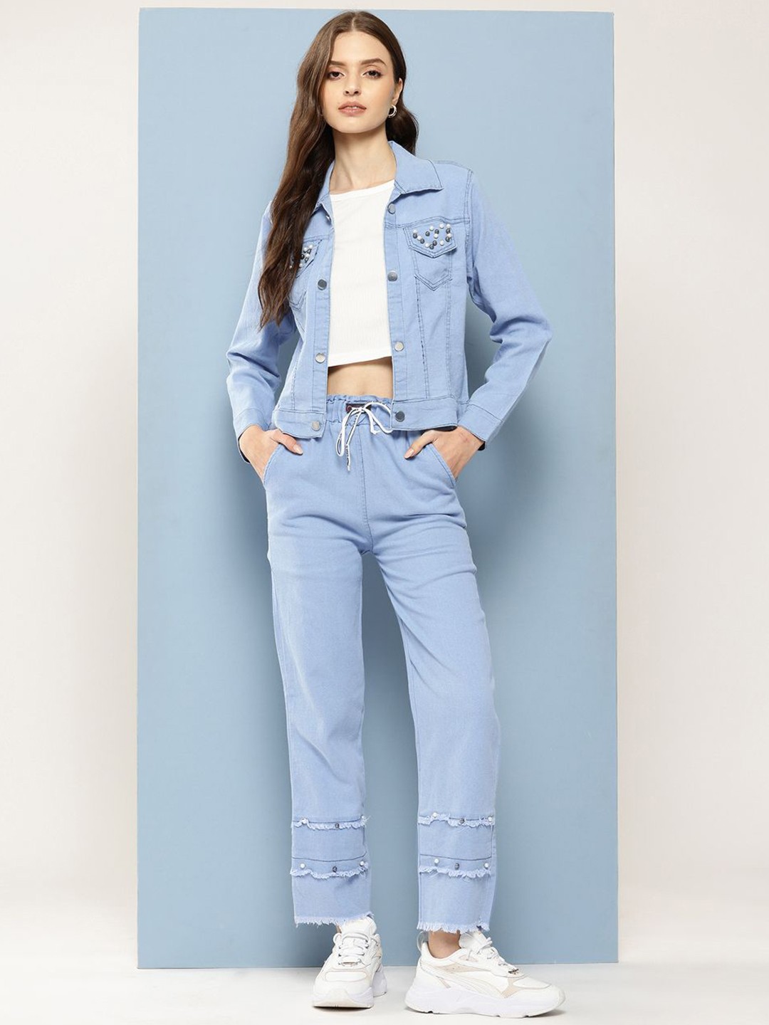 

CORSICA Round Neck Pure Cotton Top & Trousers With Jacket, Blue