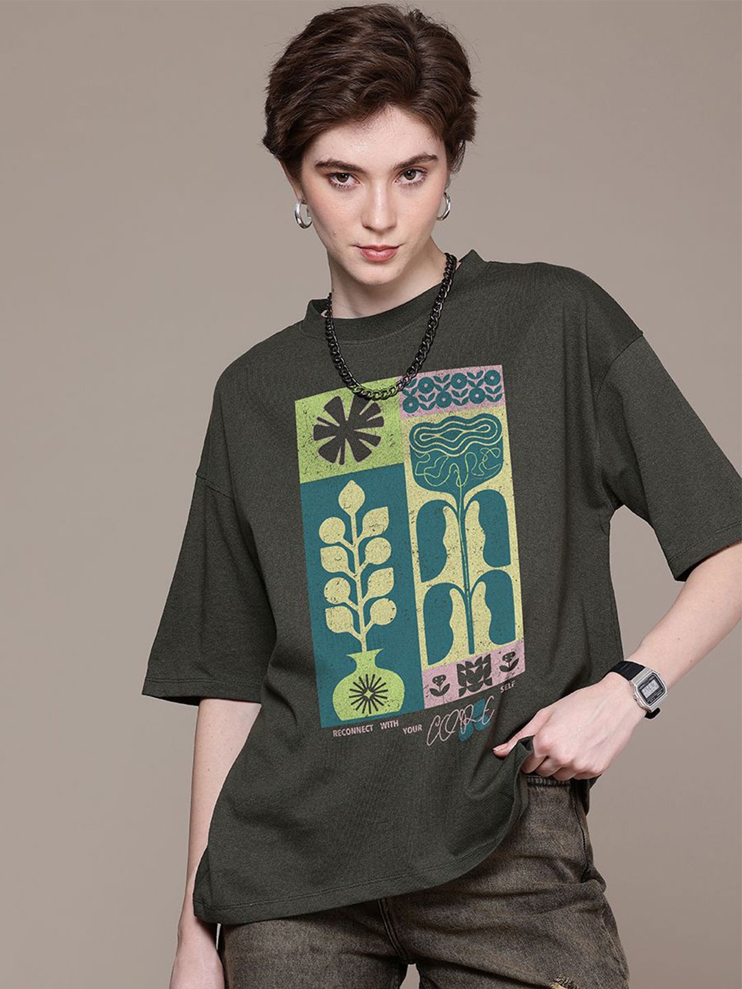 

The Roadster Lifestyle Co. Women Graphic Printed Round Neck Cotton Oversized T-shirt, Olive