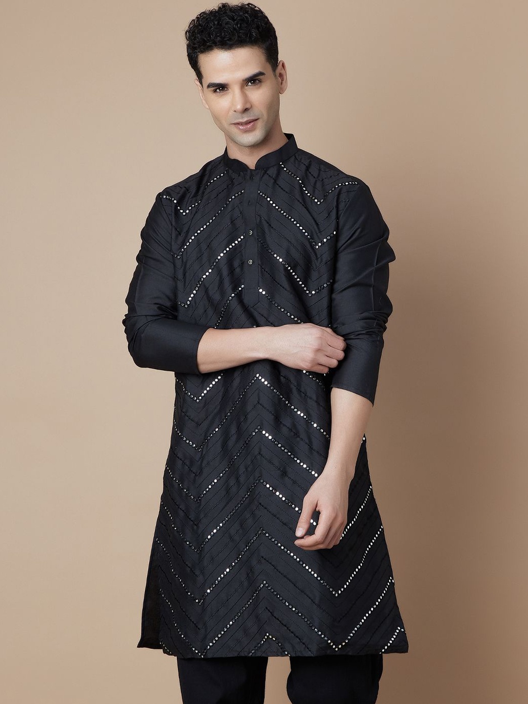 

Melange by Lifestyle Chevron Embroidered Mandarin Collar Mirror Work Straight Kurta, Black
