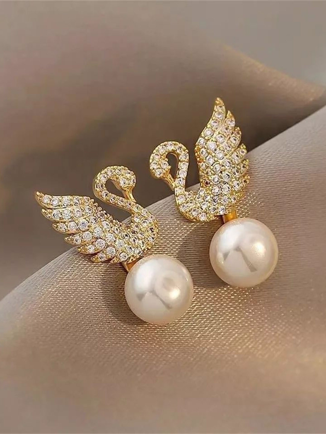 

Celestique Artificial Stones Studded & Pearls Beaded Contemporary Shaped Drop Earrings, Gold