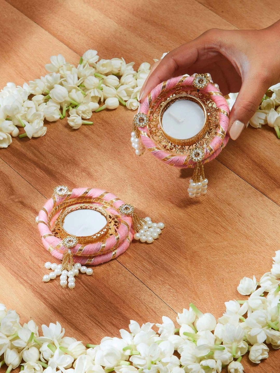 

Mason Home Pink & White 2 Pieces Festive Diyas #1146