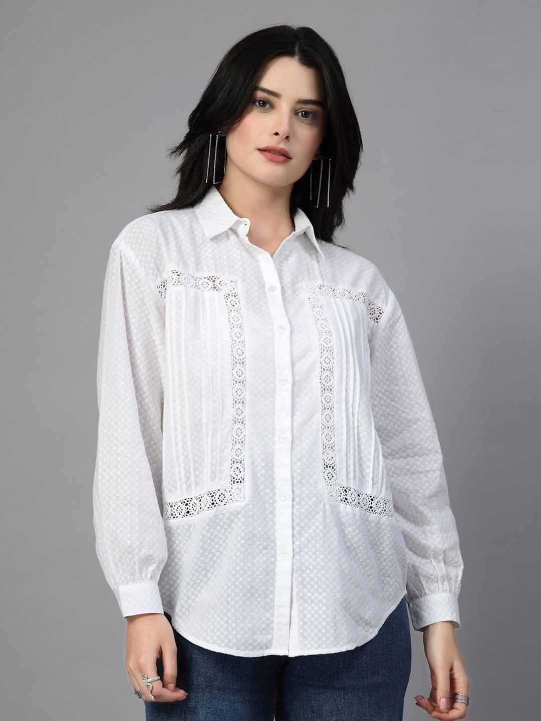 

JEFF COOPER Women Spread Collar Solid Cotton Casual Shirt, White