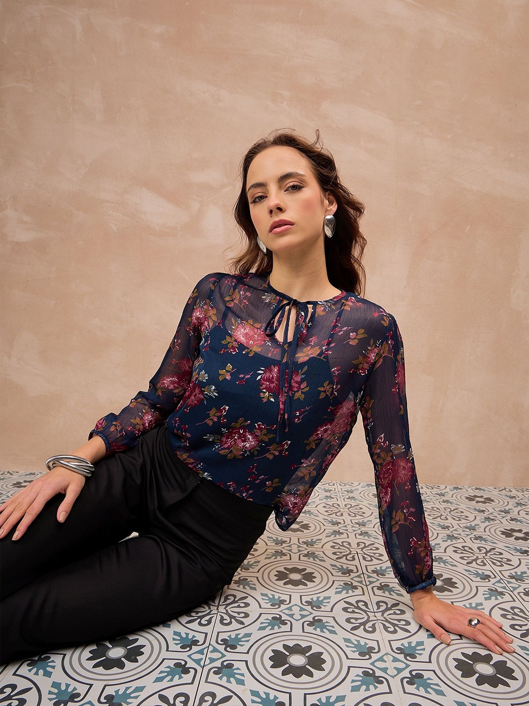 

all about you Women Floral Printed Tie-Up Neck Top, Navy blue