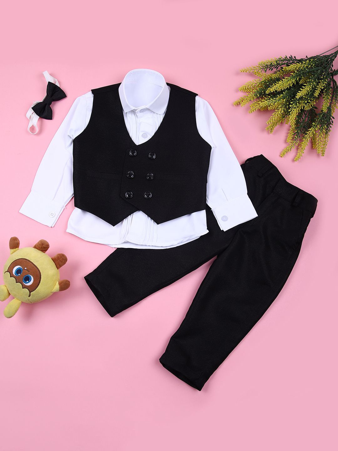 

V-Mart Boys V-Neck Double-Breasted Four-Piece Party Suit, Black