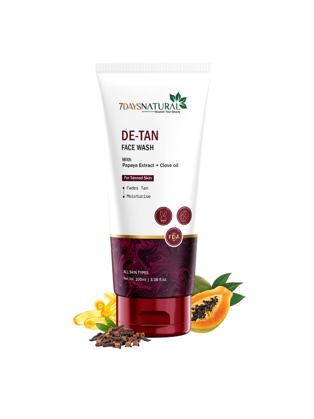 

7 DAYS Natural De-Tan Face Wash With Papaya Extract & Clove Oil 100 ml, White