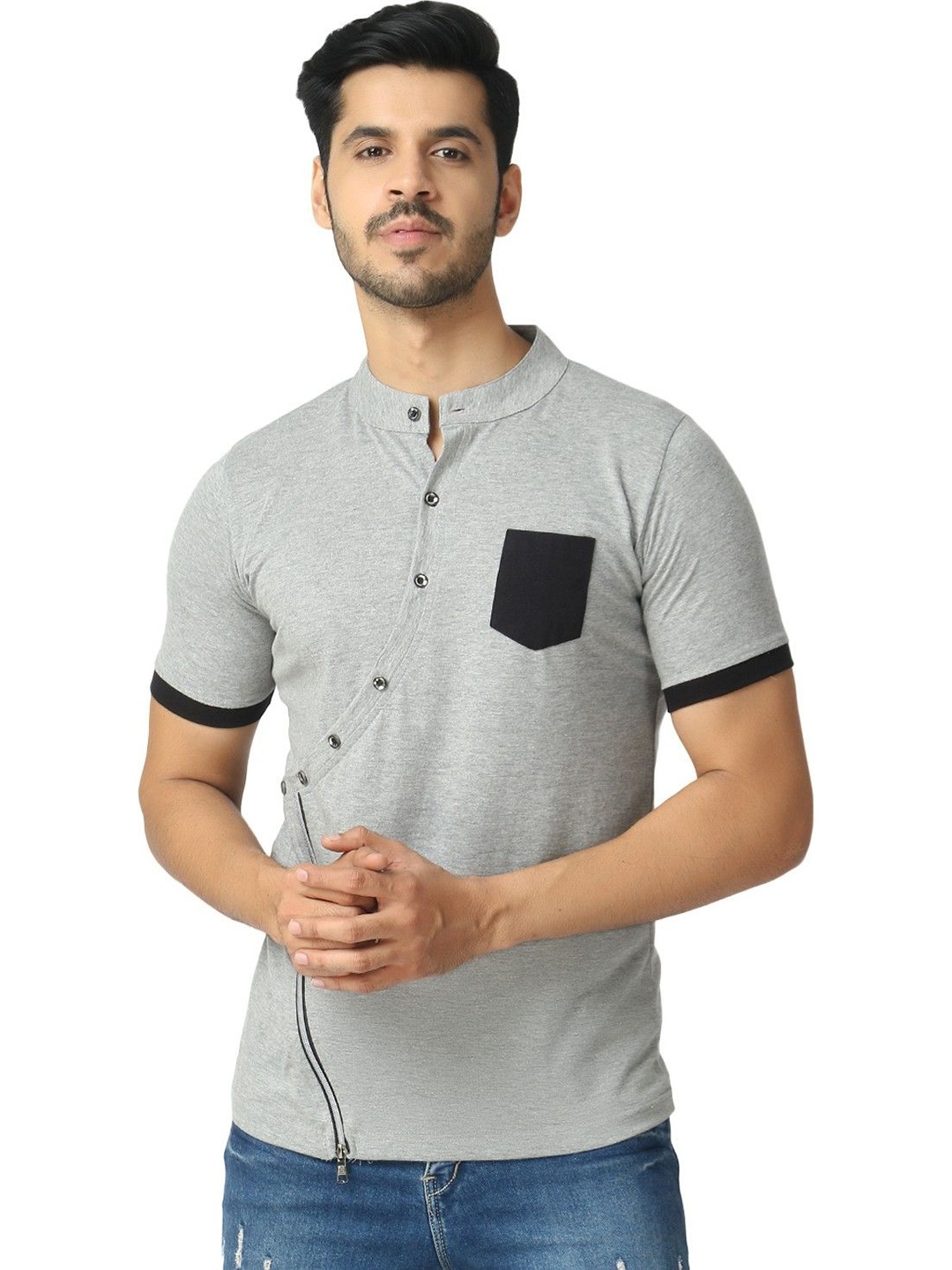 

Black Collection Men Solid Mandarin Collar Cotton Slim Fit T-shirt, Grey