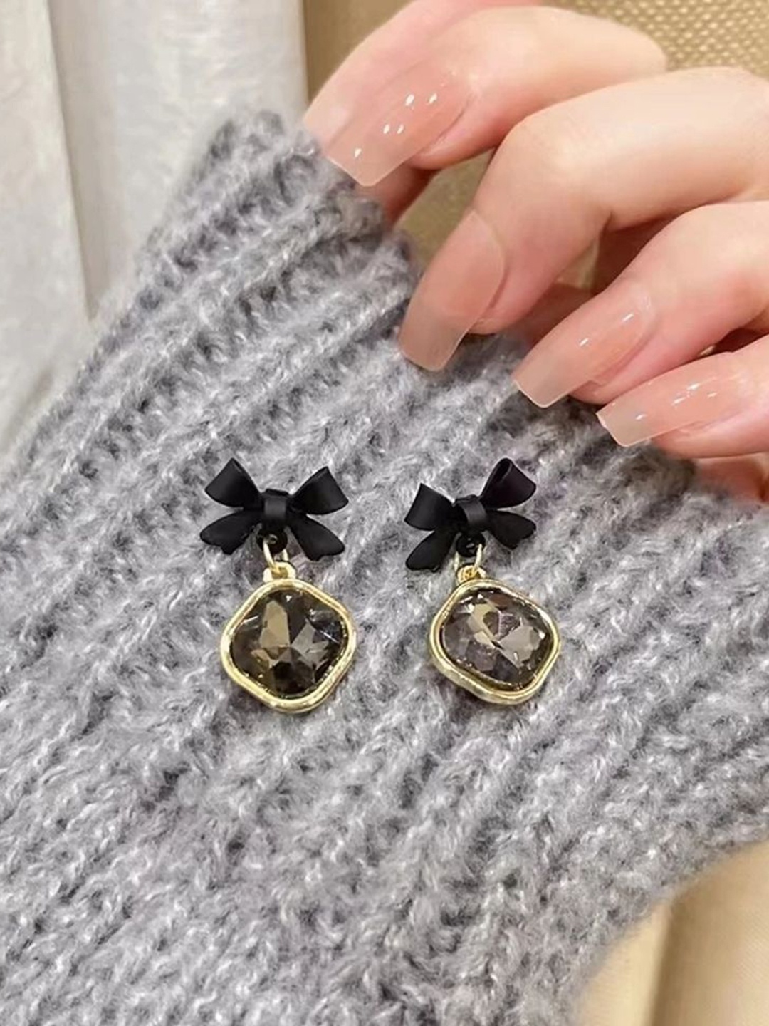

Celestique Artificial Stones Studed Korean Contemporary Drop Earrings, Black