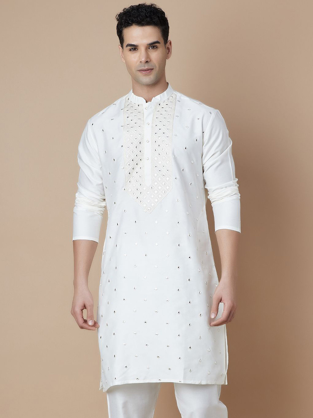 

Melange by Lifestyle Geometric Embroidered Mandarin Collar Mirror Work Straight Kurta, Off white