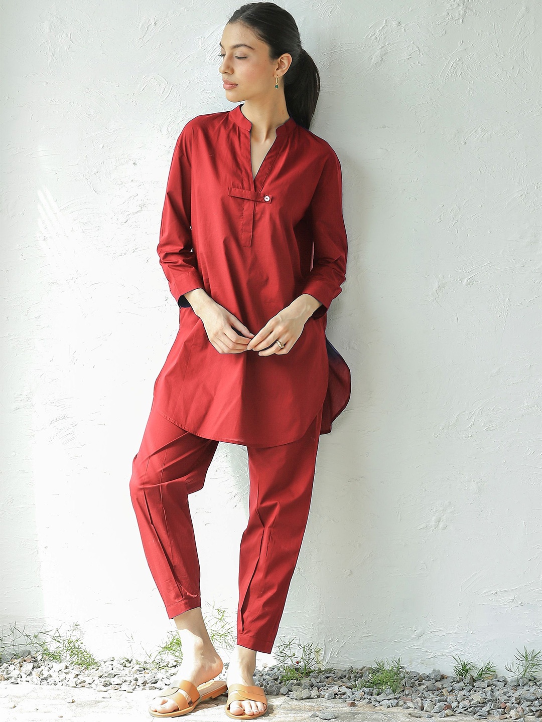 

Canoopi Mandarin Collar Neck Pure Cotton Tunic With Trouser, Red