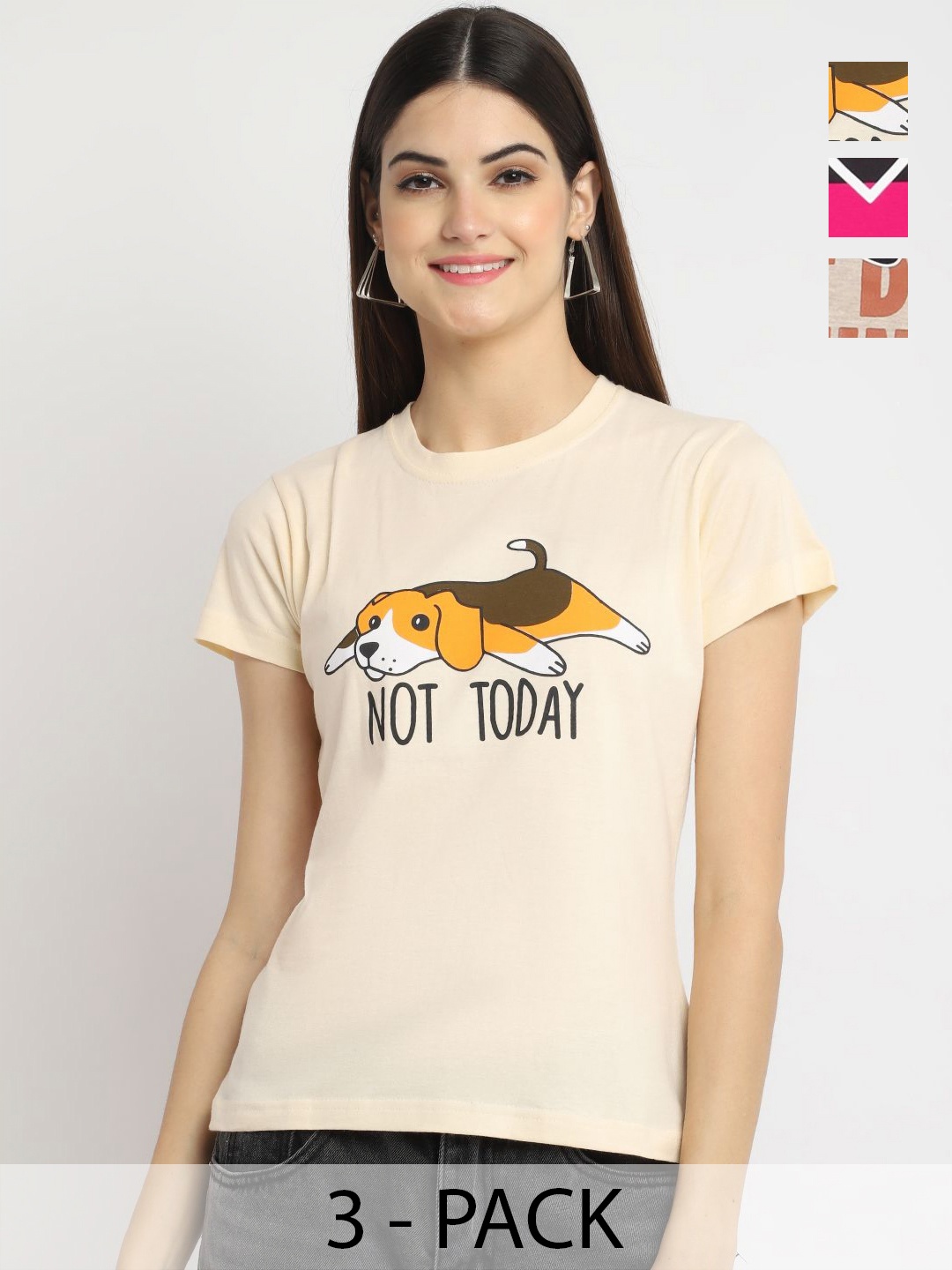 

Dreambe Women Pack Of 3 Graphic Printed Round Neck Cotton T-shirts, Beige